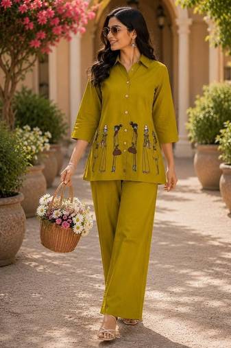 Mustard cotton blend embroidered tunic and palazzo co-ord set