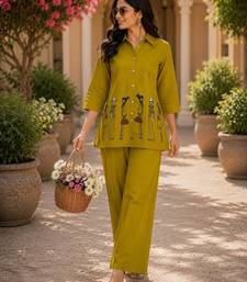 Mustard cotton blend embroidered tunic and palazzo co-ord set