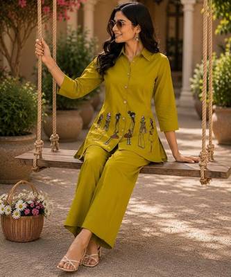 Mustard cotton blend embroidered tunic and palazzo co-ord set 2