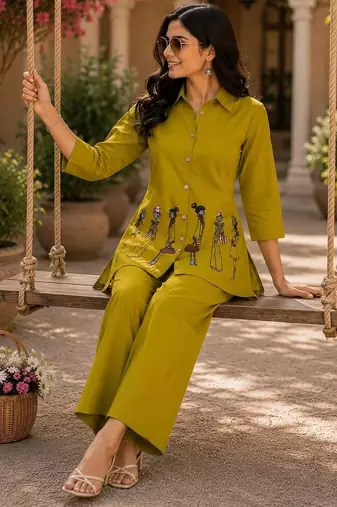 Mustard cotton blend embroidered tunic and palazzo co-ord set