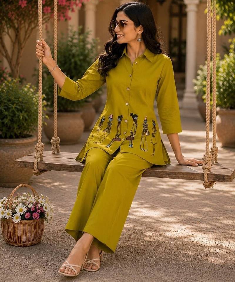 Mustard cotton blend embroidered tunic and palazzo co-ord set