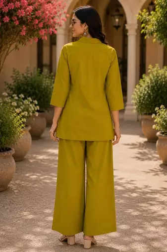 Mustard cotton blend embroidered tunic and palazzo co-ord set