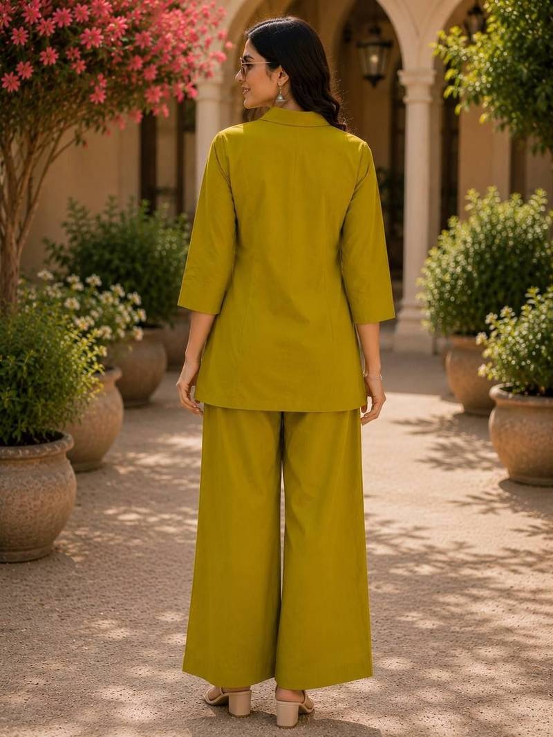 Mustard cotton blend embroidered tunic and palazzo co-ord set