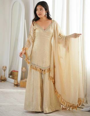 Golden-beige silk blend sharara suit with v-neck and tassels 1