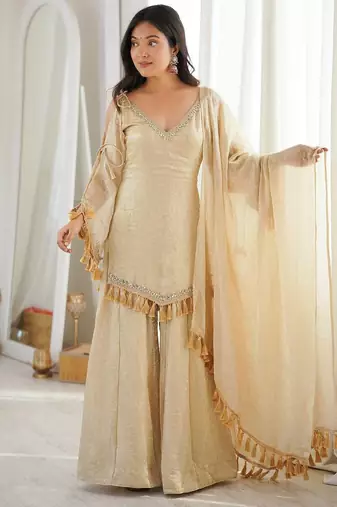 Golden-beige silk blend sharara suit with v-neck and tassels