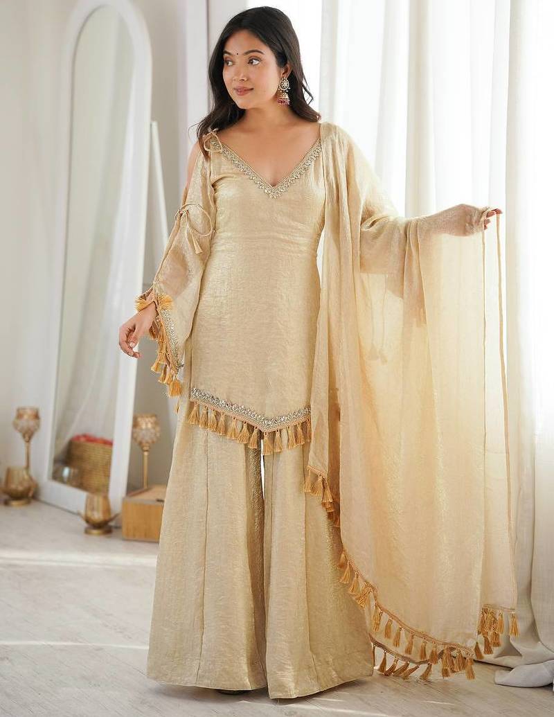 Golden-beige silk blend sharara suit with v-neck and tassels