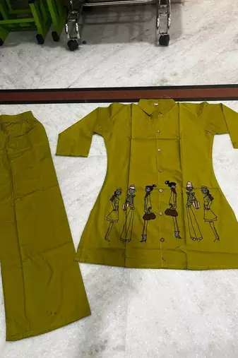 Mustard cotton blend embroidered tunic and palazzo co-ord set