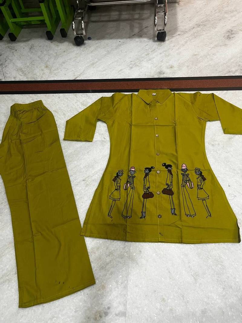 Mustard cotton blend embroidered tunic and palazzo co-ord set