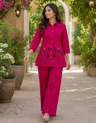 Rani pink  cotton blend embroidered tunic and palazzo co-ord set 1