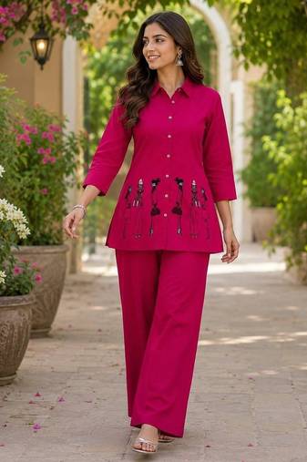 Rani pink  cotton blend embroidered tunic and palazzo co-ord set