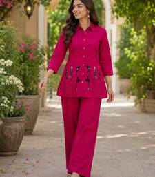 Rani pink  cotton blend embroidered tunic and palazzo co-ord set