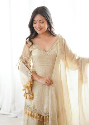 Golden-beige silk blend sharara suit with v-neck and tassels 2
