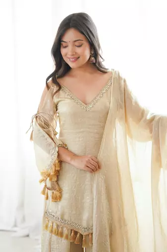 Golden-beige silk blend sharara suit with v-neck and tassels