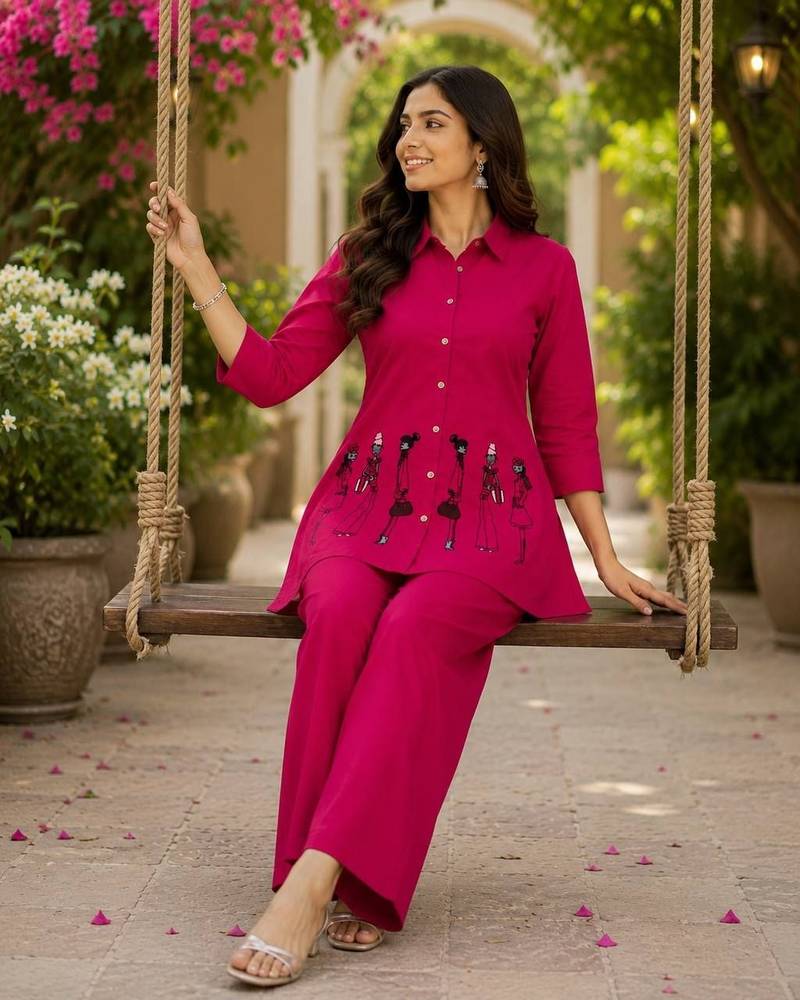 Rani pink  cotton blend embroidered tunic and palazzo co-ord set