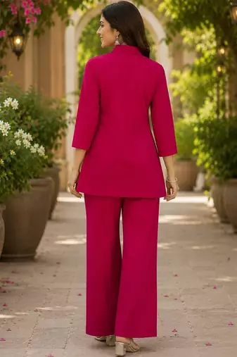 Rani pink  cotton blend embroidered tunic and palazzo co-ord set