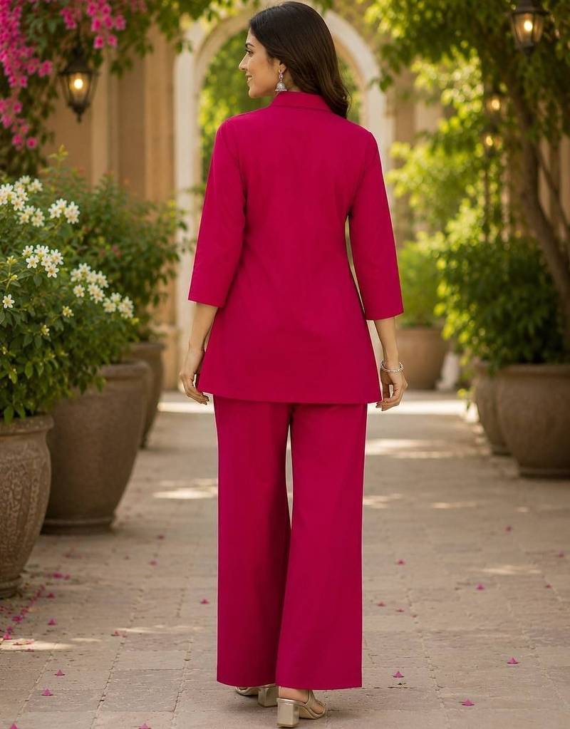 Rani pink  cotton blend embroidered tunic and palazzo co-ord set