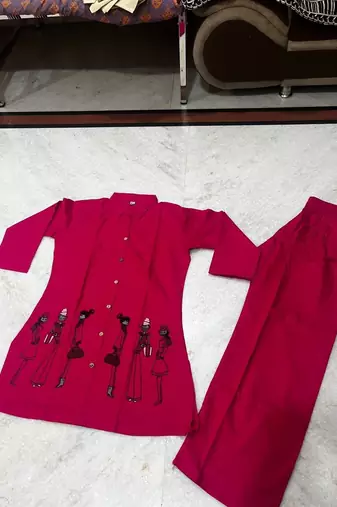 Rani pink  cotton blend embroidered tunic and palazzo co-ord set