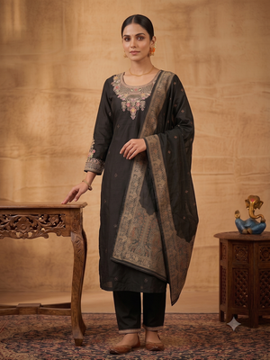 Black embroidered silk blend straight kurta pant set with dupatta 1
