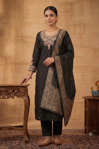 Black embroidered silk blend straight kurta pant set with dupatta