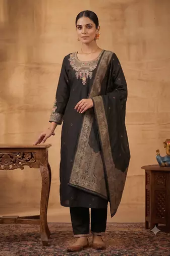 Black embroidered silk blend straight kurta pant set with dupatta