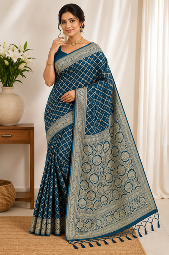 peacock blue art silk Saree With Blouse Piece.