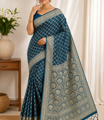 peacock blue art silk Saree With Blouse Piece.