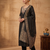 Black embroidered silk blend straight kurta pant set with dupatta