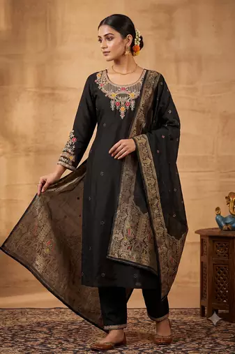 Black embroidered silk blend straight kurta pant set with dupatta