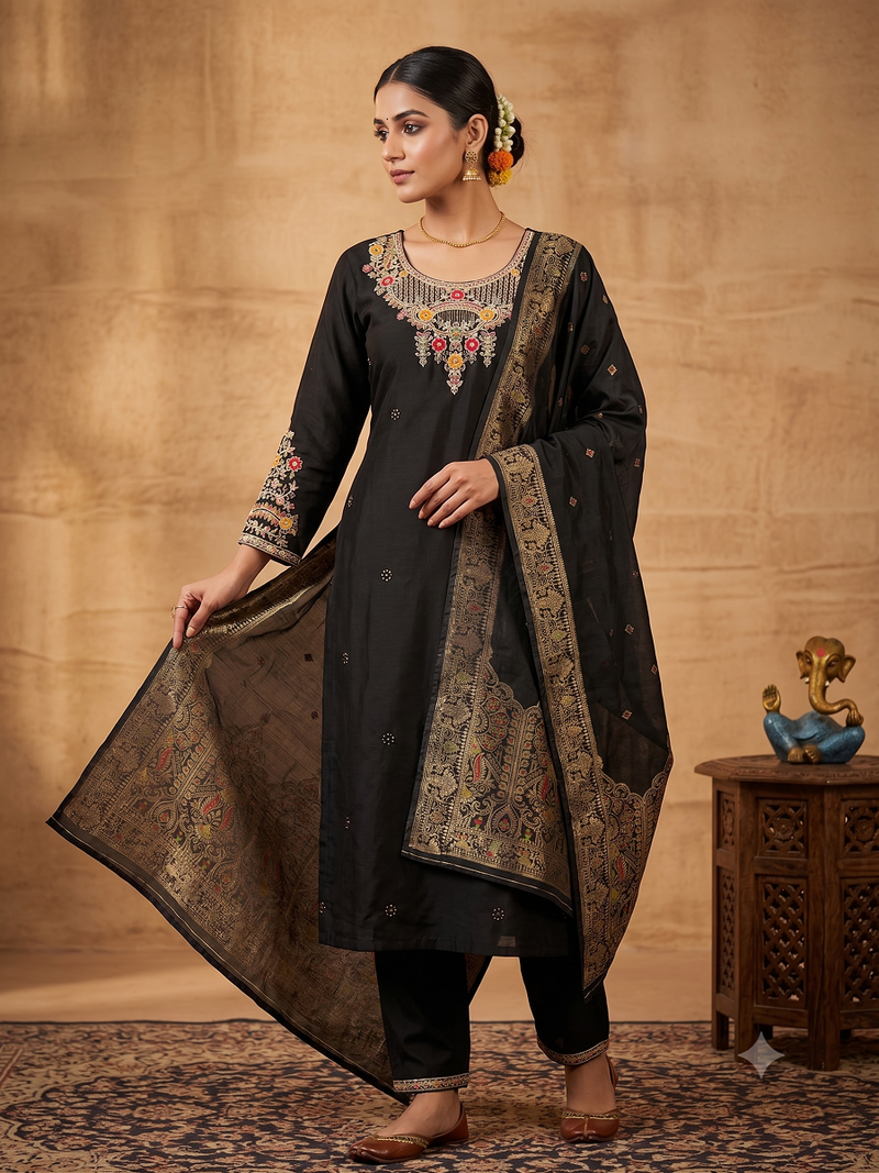 Black embroidered silk blend straight kurta pant set with dupatta