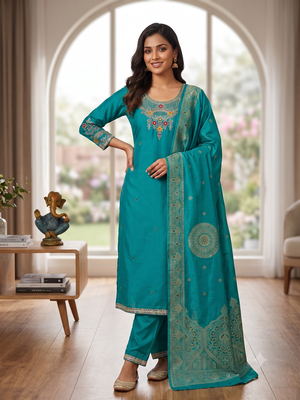 Rama green embroidered silk blend straight kurta pant set with dupatta 1