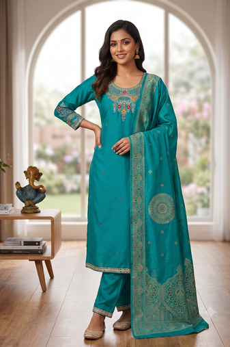 Rama green embroidered silk blend straight kurta pant set with dupatta