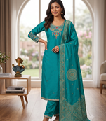 Rama green embroidered silk blend straight kurta pant set with dupatta