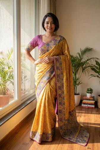 New Soft Silk blend with beautiful print And Real Mirror And diamond Work Saree For Women's