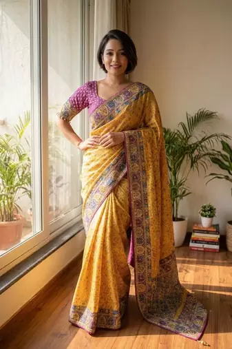 New Soft Silk blend with beautiful print And Real Mirror And diamond Work Saree For Women's