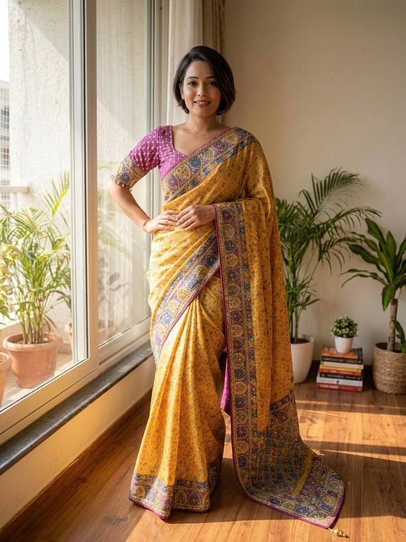 New Soft Silk blend with beautiful print And Real Mirror And diamond Work Saree For Women's