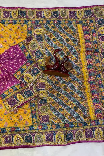 New Soft Silk blend with beautiful print And Real Mirror And diamond Work Saree For Women's