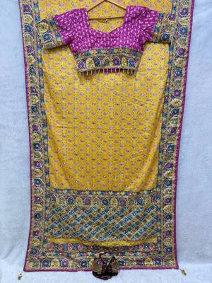 New Soft Silk blend with beautiful print And Real Mirror And diamond Work Saree For Women's 3