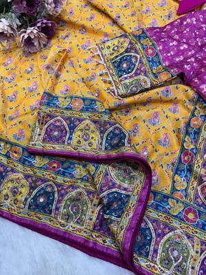 New Soft Silk blend with beautiful print And Real Mirror And diamond Work Saree For Women's 4