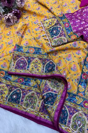 New Soft Silk blend with beautiful print And Real Mirror And diamond Work Saree For Women's