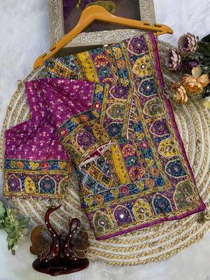 New Soft Silk blend with beautiful print And Real Mirror And diamond Work Saree For Women's 5