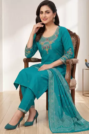 Rama green embroidered silk blend straight kurta pant set with dupatta