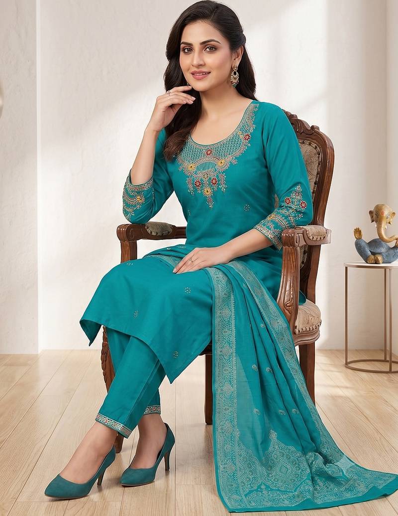 Rama green embroidered silk blend straight kurta pant set with dupatta