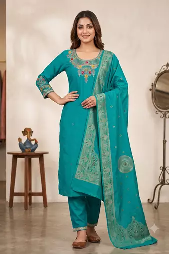 Rama green embroidered silk blend straight kurta pant set with dupatta