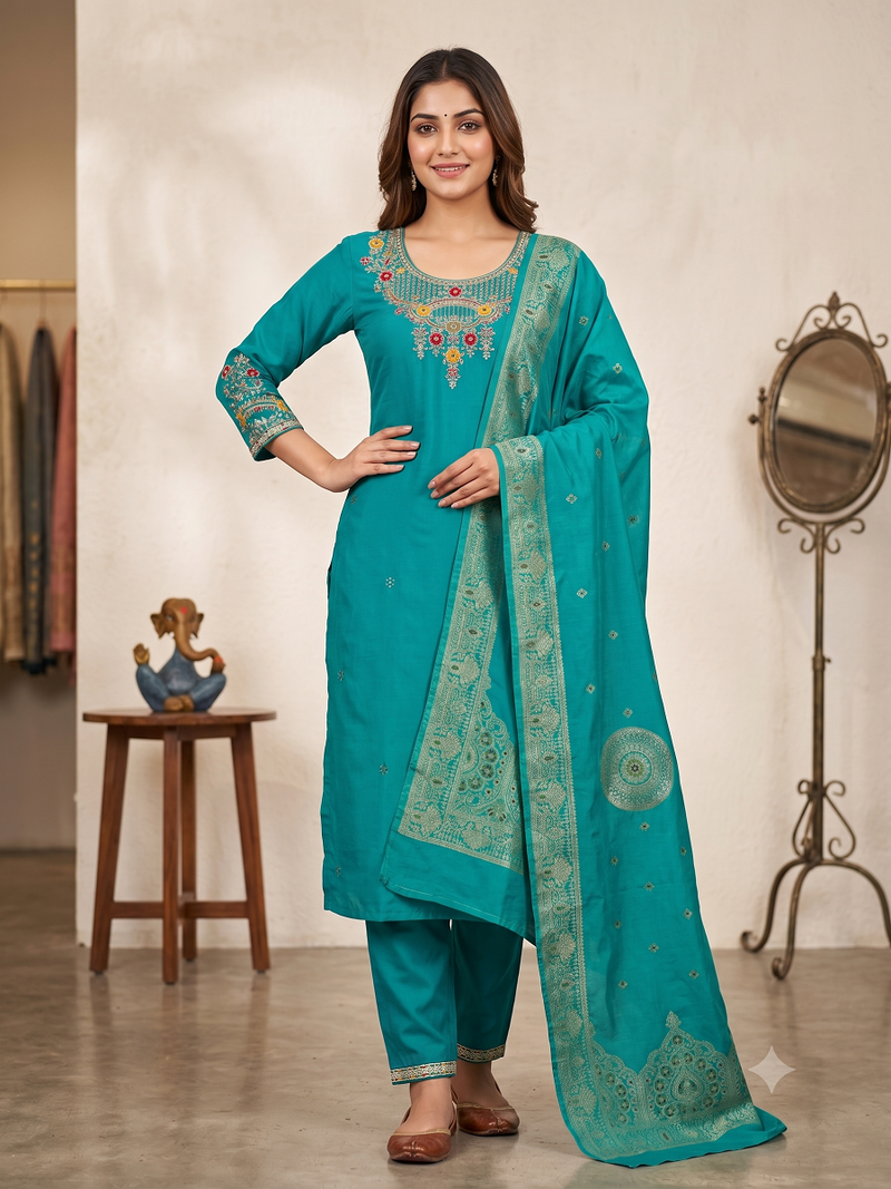 Rama green embroidered silk blend straight kurta pant set with dupatta