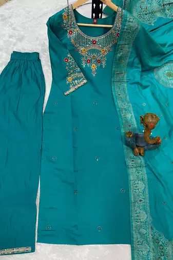 Rama green embroidered silk blend straight kurta pant set with dupatta