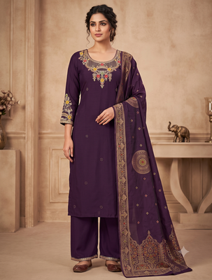Wine embroidered silk blend   straight kurta pant set with dupatta 1