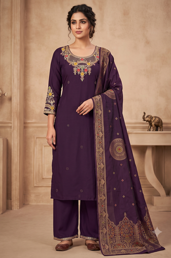 Wine embroidered silk blend   straight kurta pant set with dupatta