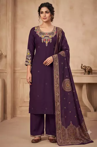 Wine embroidered silk blend   straight kurta pant set with dupatta