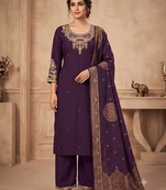Wine embroidered silk blend   straight kurta pant set with dupatta