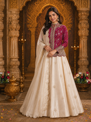 Rani Pink Color Embroidery Thread & sequin Work Simar Silk Blend Lehenga Choli Set 1